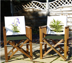 Folding Director's Chairs with printed back panels of wild bluebells and maidenhair spleenwort